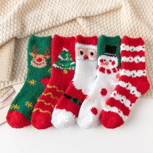 Five festive fluffy Christmas socks with reindeer Santa and snowman motifs in red green white thick winter home socks for children