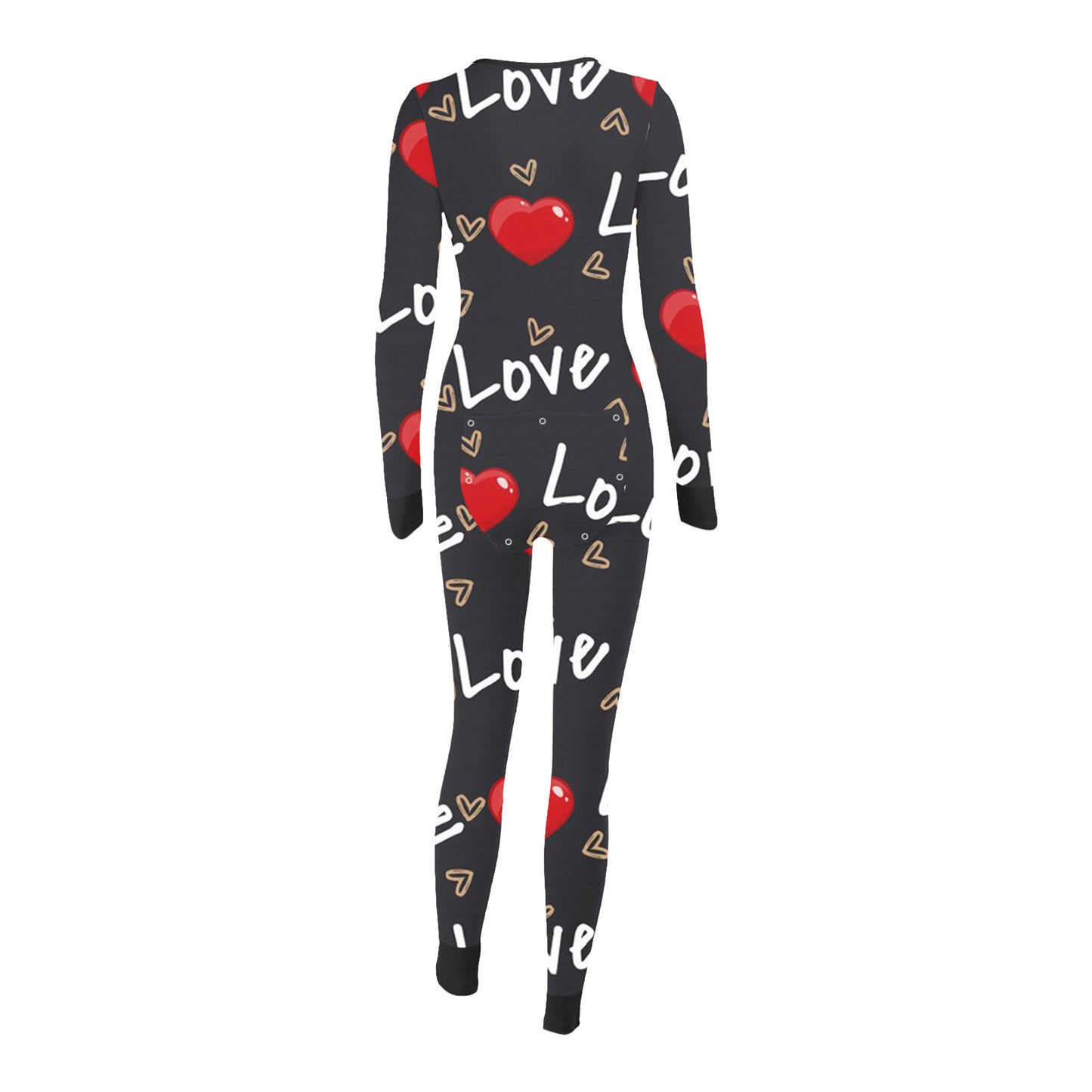 Luxurymania24 black love print onesie back view fun buttoned flap overalls sleep suit with long sleeves