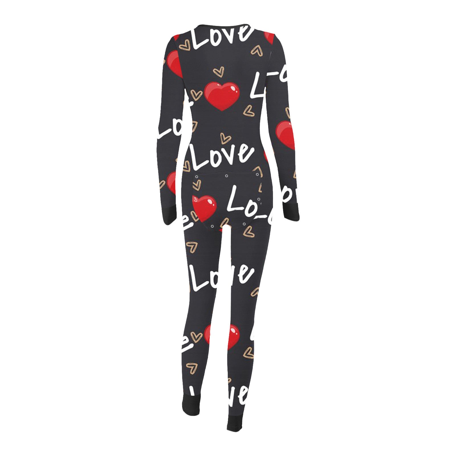 Luxurymania24 black love print onesie back view fun buttoned flap overalls sleep suit with long sleeves