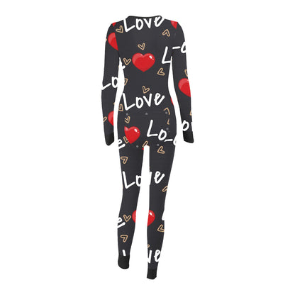 Luxurymania24 black love print onesie back view fun buttoned flap overalls sleep suit with long sleeves