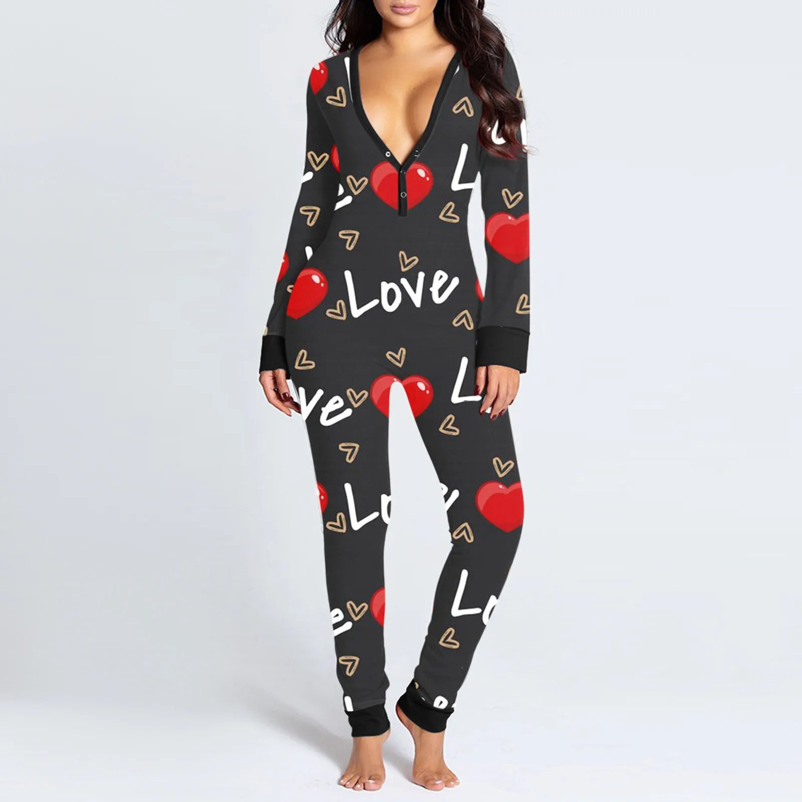 Luxurymania24 fun buttoned flap overalls sleep suit black heart print onesie with deep V neckline and cuffed ankles