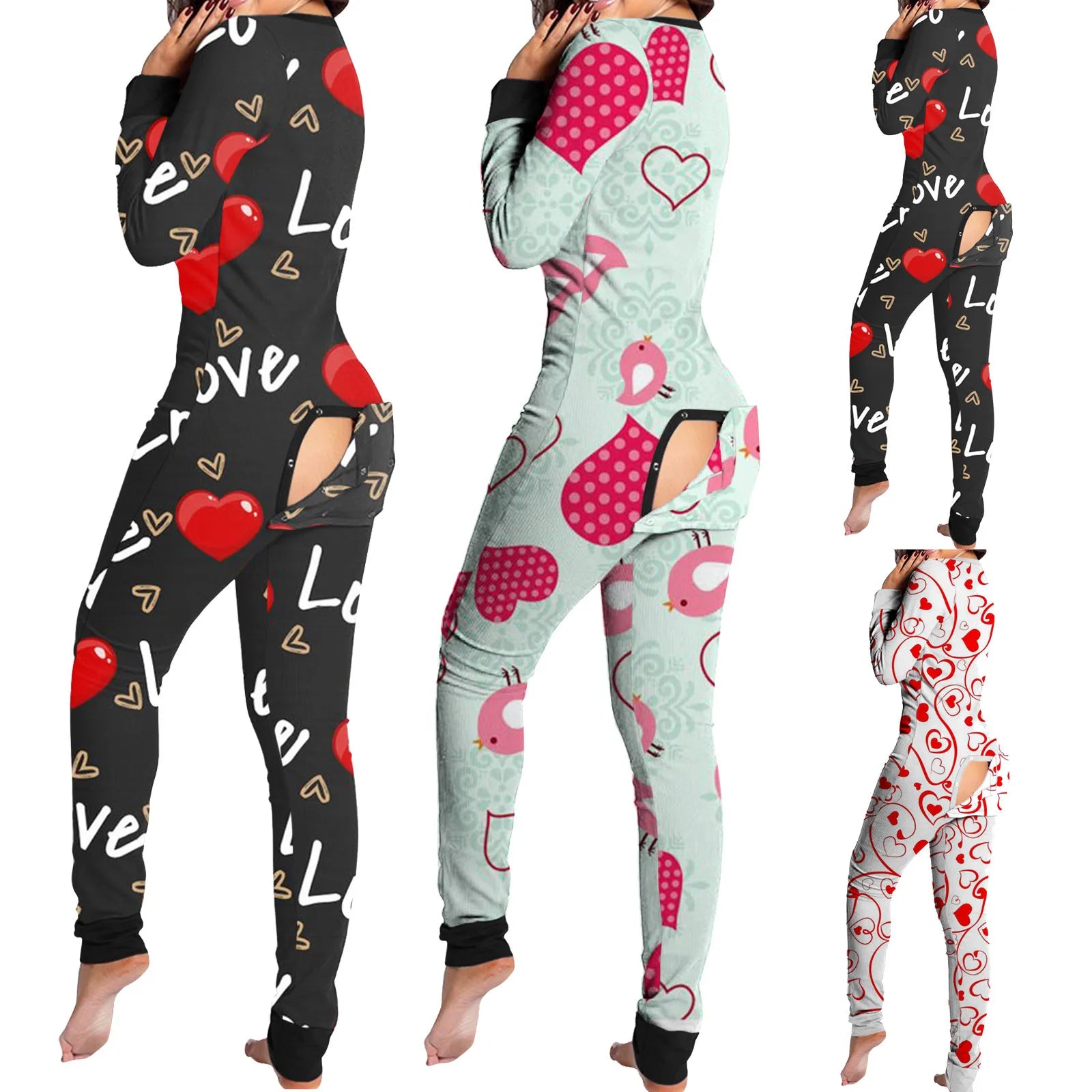 fun buttoned flap overalls sleep suit womens heart and bird print onesie in black mint white