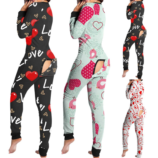fun buttoned flap overalls sleep suit womens heart and bird print onesie in black mint white