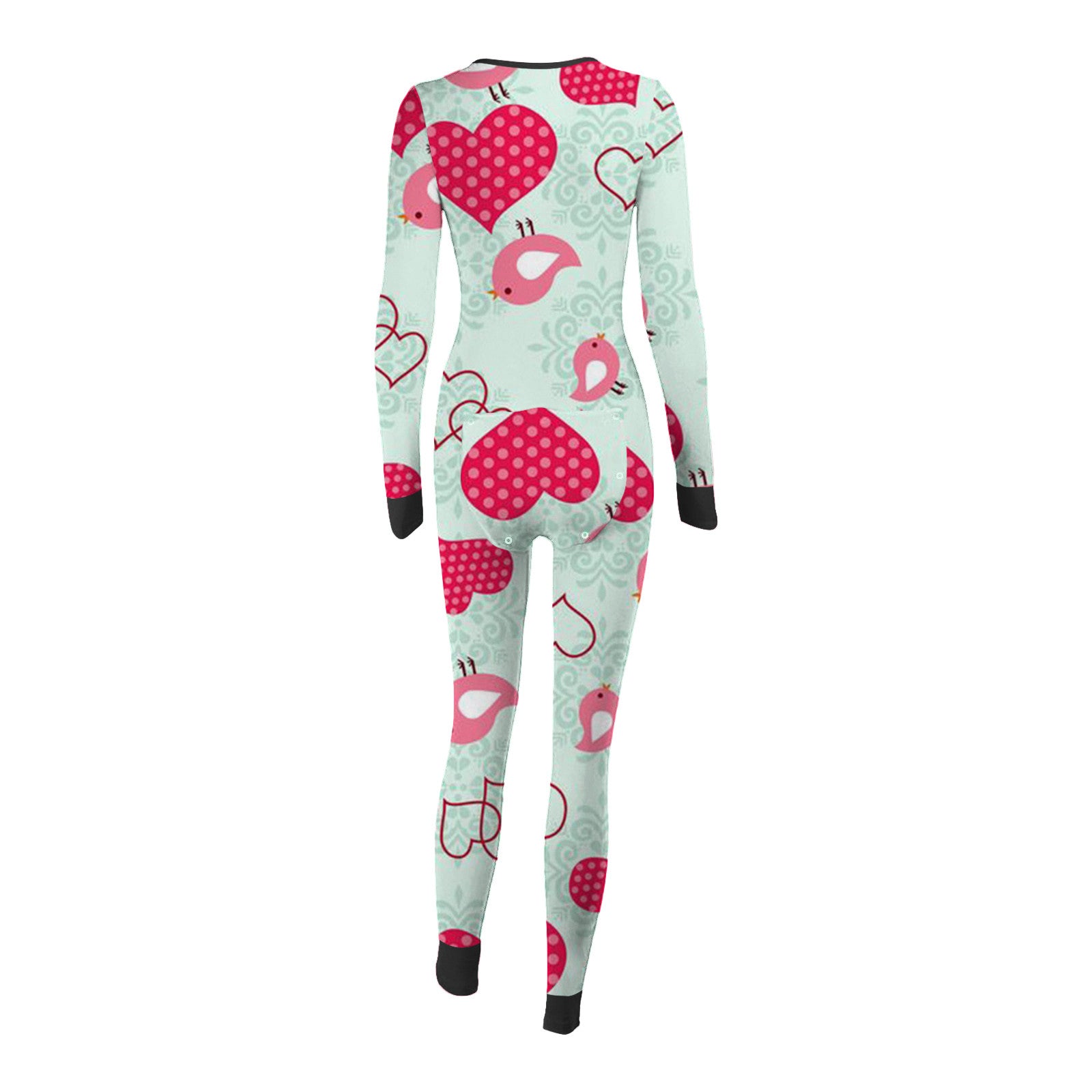 Luxurymania24 teal long sleeve onesie with pink hearts and birds black cuffs back view fun buttoned flap overalls sleep suit