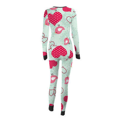 Luxurymania24 teal long sleeve onesie with pink hearts and birds black cuffs back view fun buttoned flap overalls sleep suit