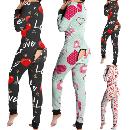 Luxurymania24 women fun buttoned flap overalls sleep suit with heart love prints and rear opening