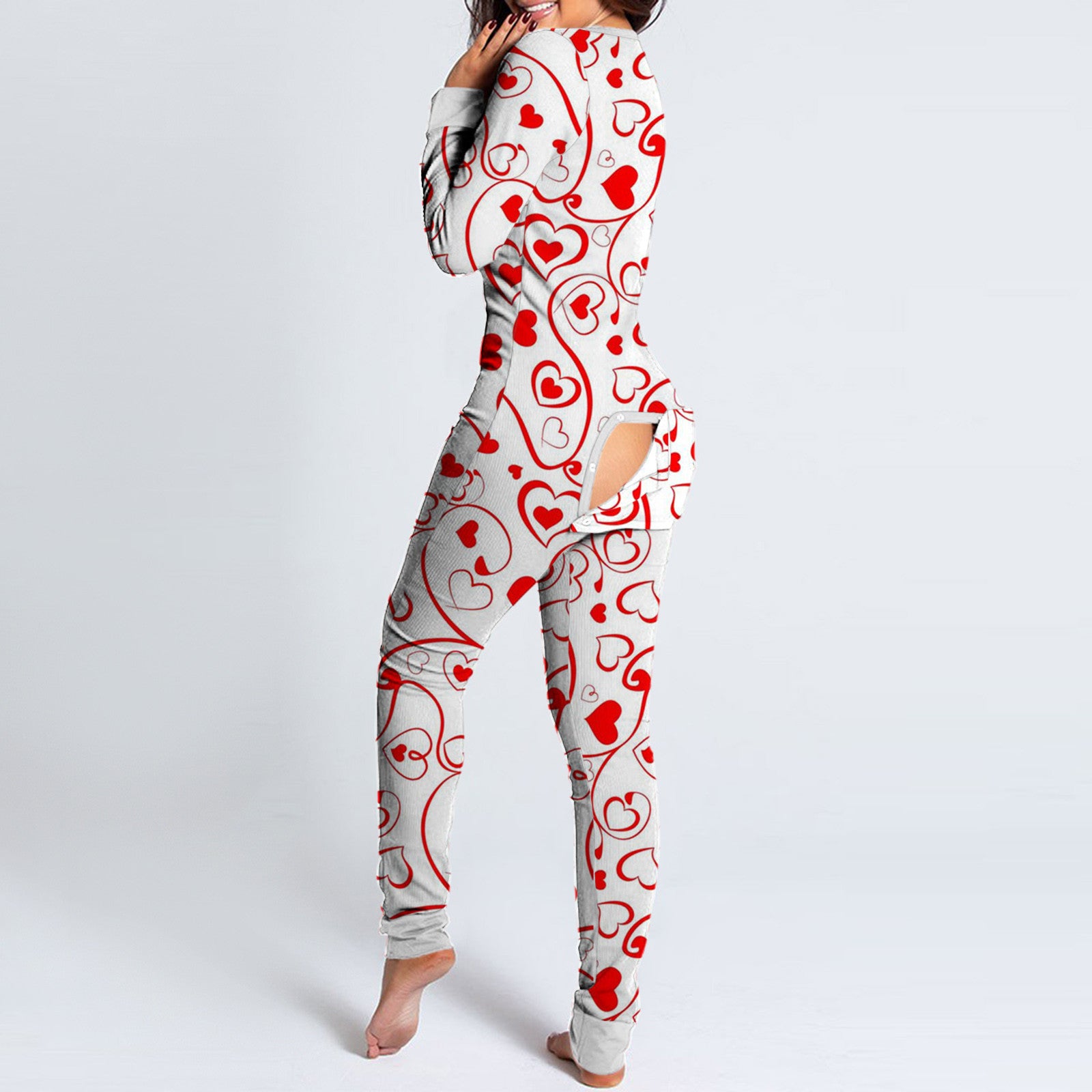Luxurymania24 woman wearing white red heart print fun buttoned flap overalls sleep suit with back flap open