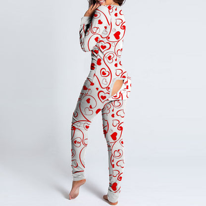 Luxurymania24 woman wearing white red heart print fun buttoned flap overalls sleep suit with back flap open