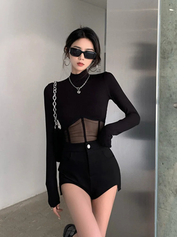 Black crop shirt top with mesh detail for stylish outfits