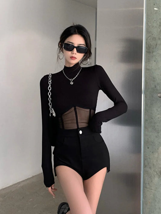 Black crop shirt top with mesh detail for stylish outfits