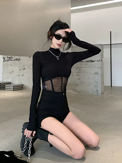 Black long-sleeve top with mesh detail crop shirt top