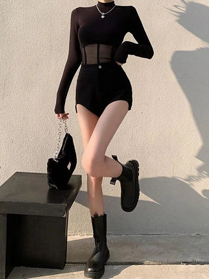Black mesh crop shirt top with long sleeves