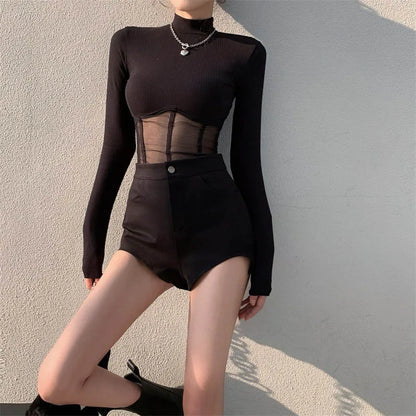 Black long sleeve top with sheer panels, crop shirt top