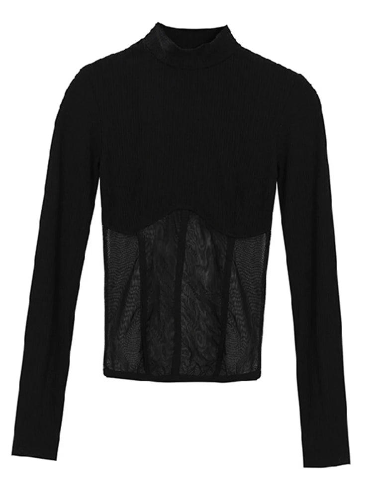 Black crop shirt top with sheer mesh detail