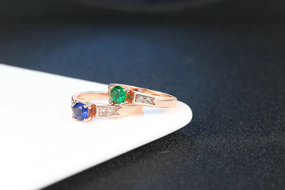 Luxurymania24 Cubic Zirconia Wedding Ring for Women in Rose Gold with Green and Blue Gems