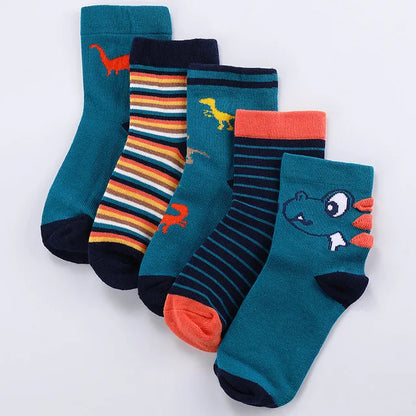 Set of five cute kids warm socks for winter featuring dinosaur and striped designs
