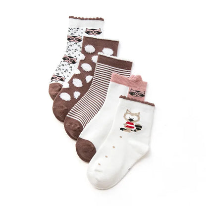 Set of five cute kids warm socks for winter featuring playful animal designs and cosy patterns
