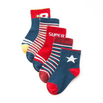 Set of five cute kids warm socks for winter in various colours and patterns for fun and comfort