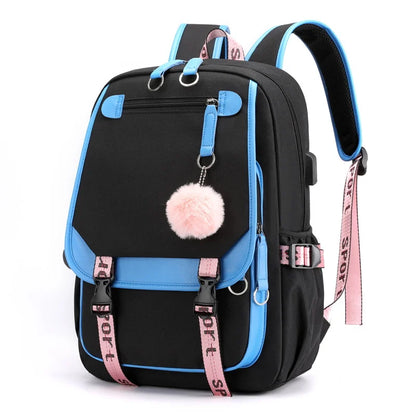 Kawaii School Backpack For Girls black with blue trim pink pom pom cute sport straps and USB port