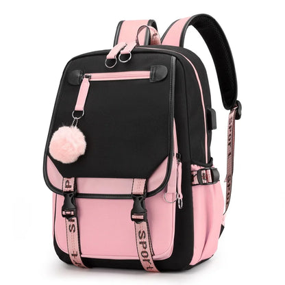Kawaii School Backpack For Girls pink and black school bag with pom pom charm adjustable straps and side pockets