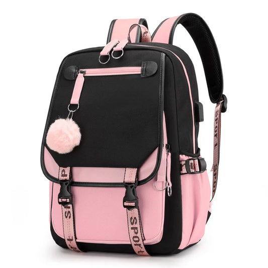 Kawaii School Backpack For Girls pink and black school bag with pom pom charm adjustable straps and side pockets