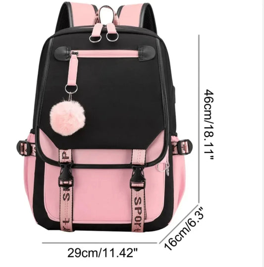 Kawaii School Backpack For Girls black and pink rucksack with fluffy pom pom front pocket, adjustable straps