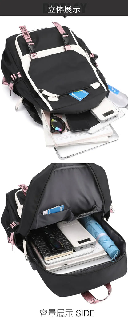 Kawaii School Backpack For Girls black and pink with multiple compartments showing phone tablet umbrella and sunglasses