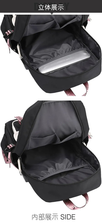 Kawaii School Backpack For Girls black interior with padded laptop sleeve and inner pockets plus pink strap accents