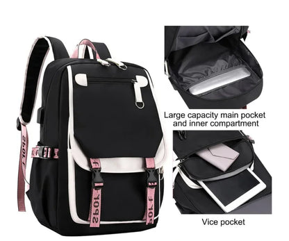 Kawaii School Backpack For Girls black backpack with pink straps white trim tablet pocket and front buckle details