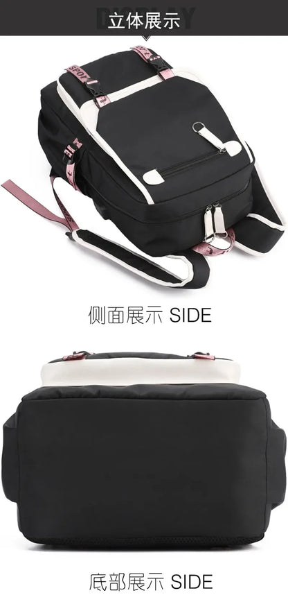 Kawaii School Backpack For Girls black backpack with white trim pink straps multiple pockets and buckles