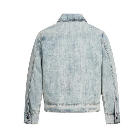 Retro washed denim jacket eprolo back view light blue faded denim with collar seams and buttoned cuffs