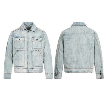 Retro washed denim jacket front and back views in light blue with chest flap pockets zip front and button cuffs