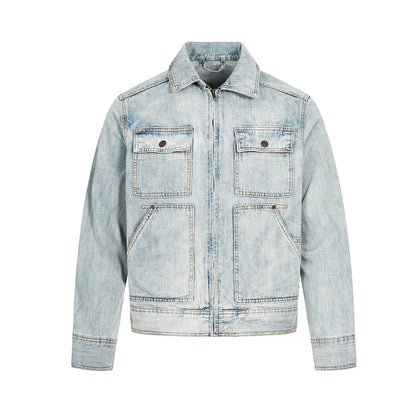 eprolo Retro washed denim jacket in light vintage blue with zip front and four patch pockets