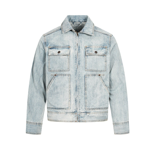 eprolo Retro washed denim jacket in light vintage blue with zip front and four patch pockets