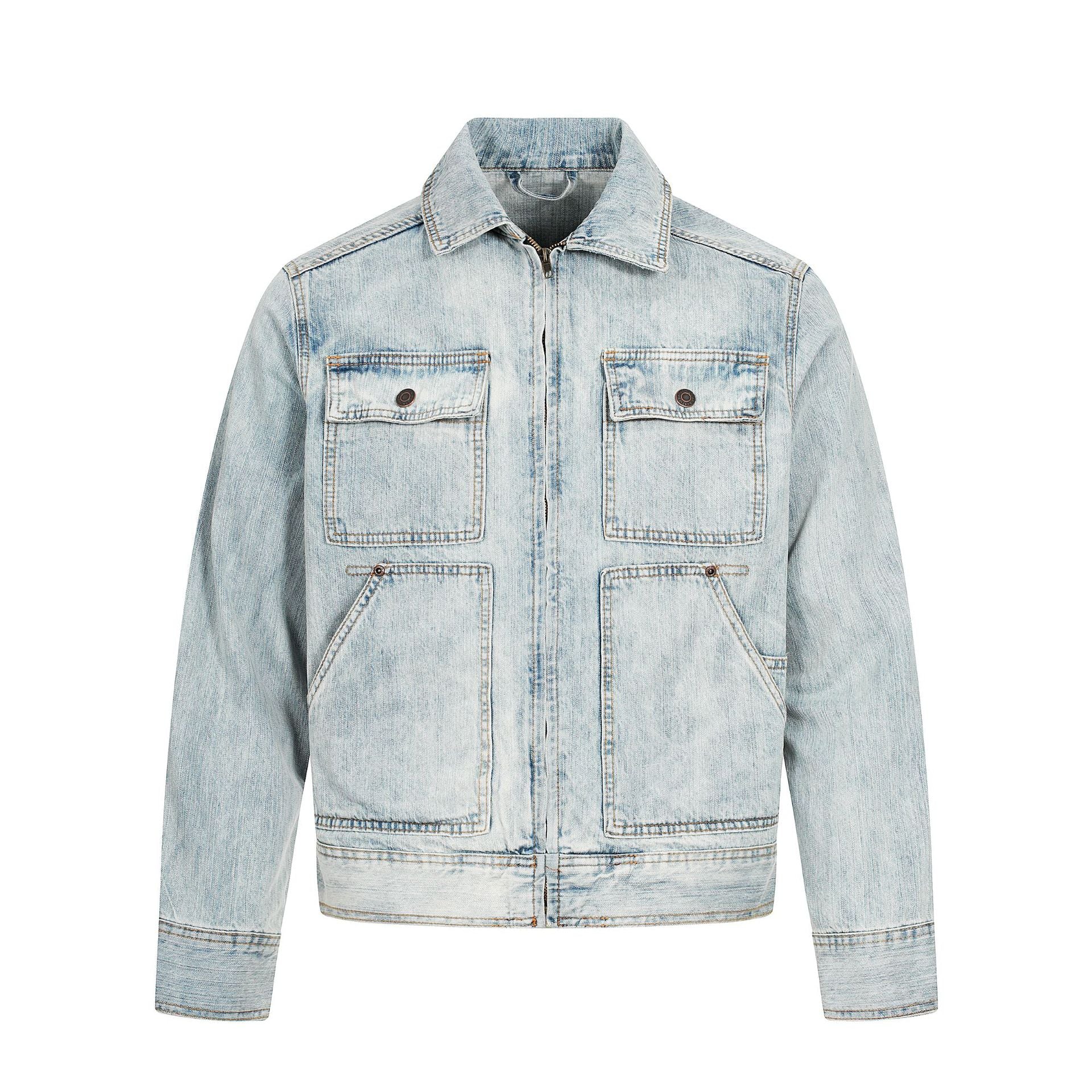Retro washed denim jacket light blue zip front with chest flap pockets and relaxed long sleeves