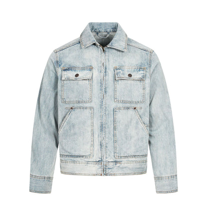 Retro washed denim jacket light blue zip front with chest flap pockets and relaxed long sleeves