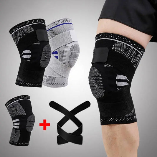 Detachable elastic knee support sleeve in black and grey, perfect for sports and injury recovery