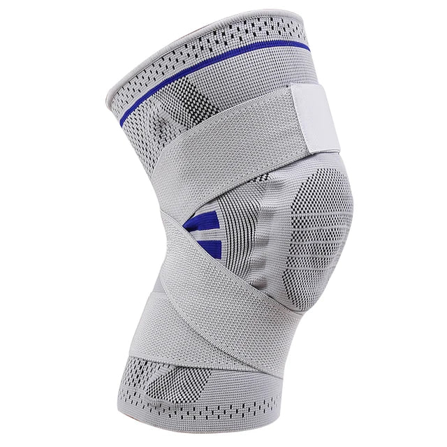 Detachable elastic knee support sleeve in grey with adjustable straps for improved stability and comfort