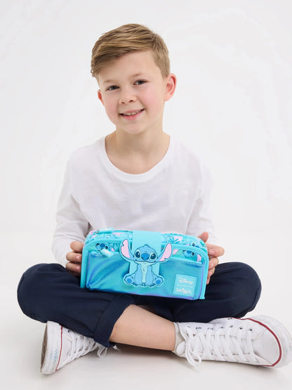 Smiggle school bag set for girls blue Stitch pencil case held by smiling child showing zip compartments ideal for school