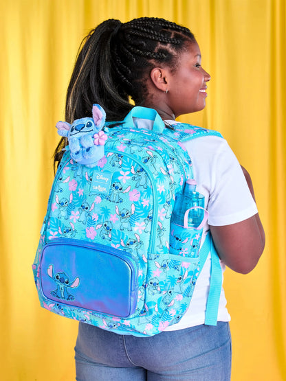 Smiggle school bag set for girls turquoise Disney Stitch backpack with plush keychain and water bottle on smiling child