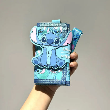 Blue Disney Stitch card holder wristlet with character print and strap, Smiggle school bag set for girls.