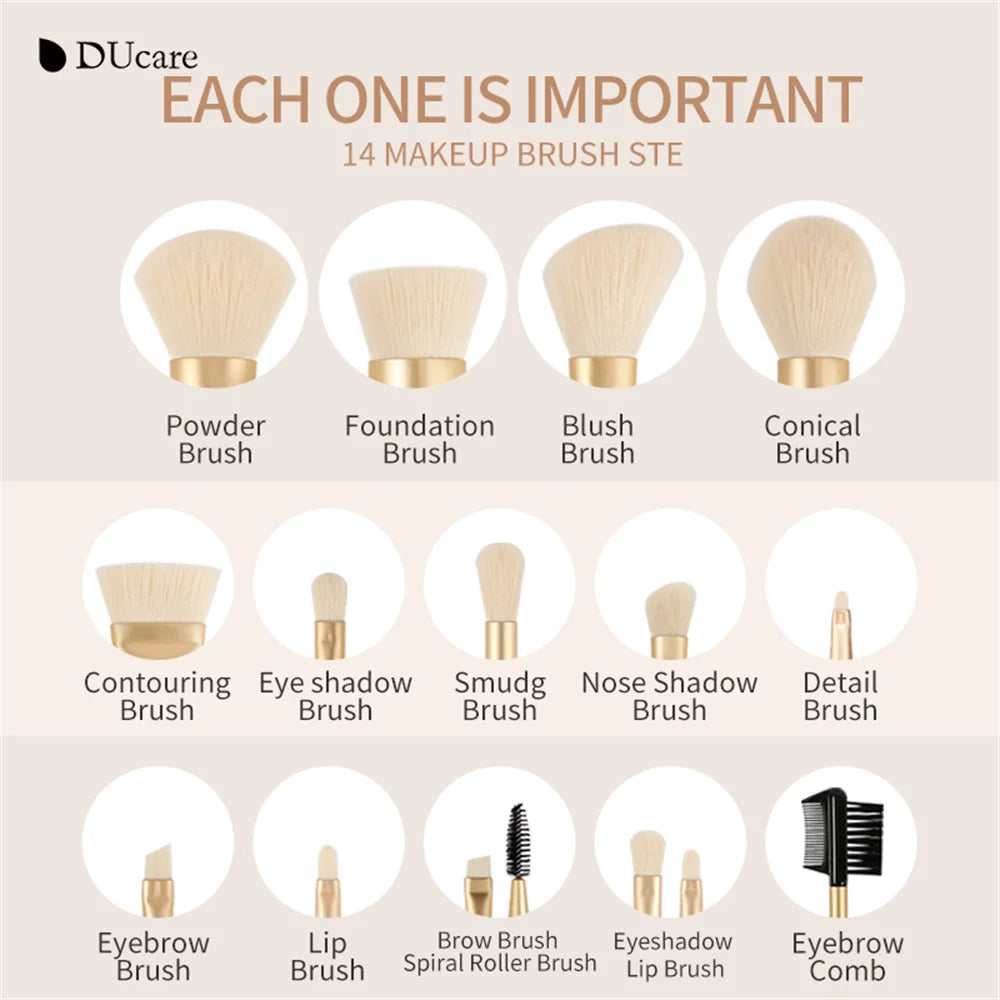 DUcare highlighter brush among 14 essential makeup brushes for a complete makeup application