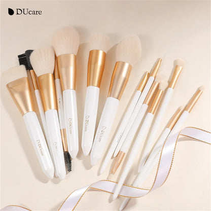 Set of DUcare highlighter brushes and makeup tools with elegant white and gold design