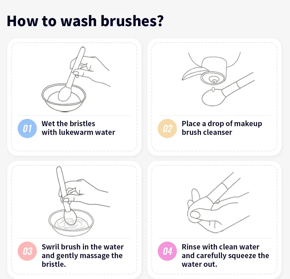 Step-by-step instructions on how to wash brushes with a DUcare highlighter brush shown for effective cleaning