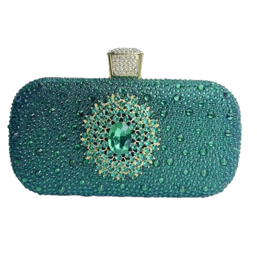 Emerald rhinestone party handbag with intricate beading and a decorative clasp for special occasions