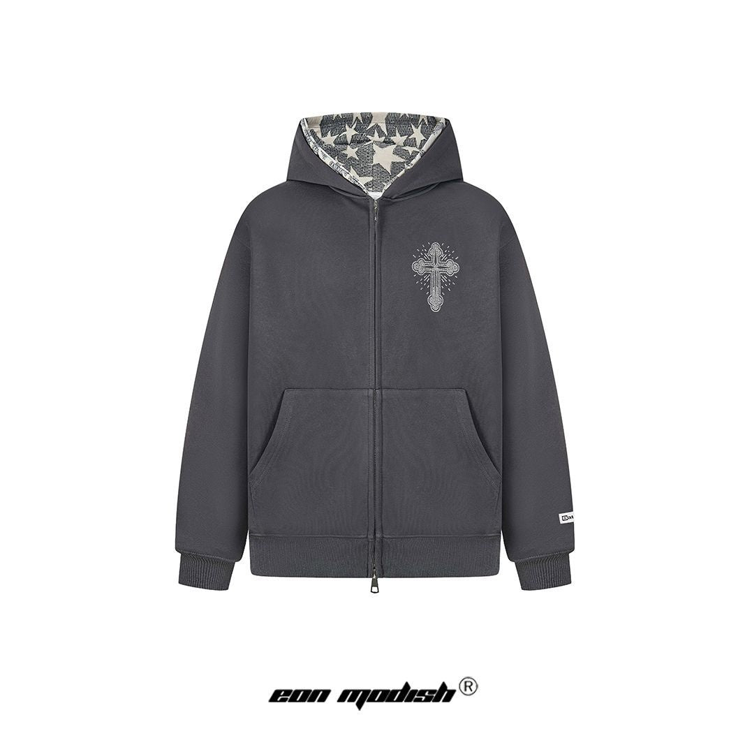 Retro Cross Rhinestone Hoodie dark grey zip up with rhinestone cross chest and star print hood lining by eprolo