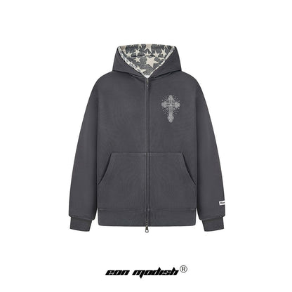 Retro Cross Rhinestone Hoodie dark grey zip up with rhinestone cross chest and star print hood lining by eprolo