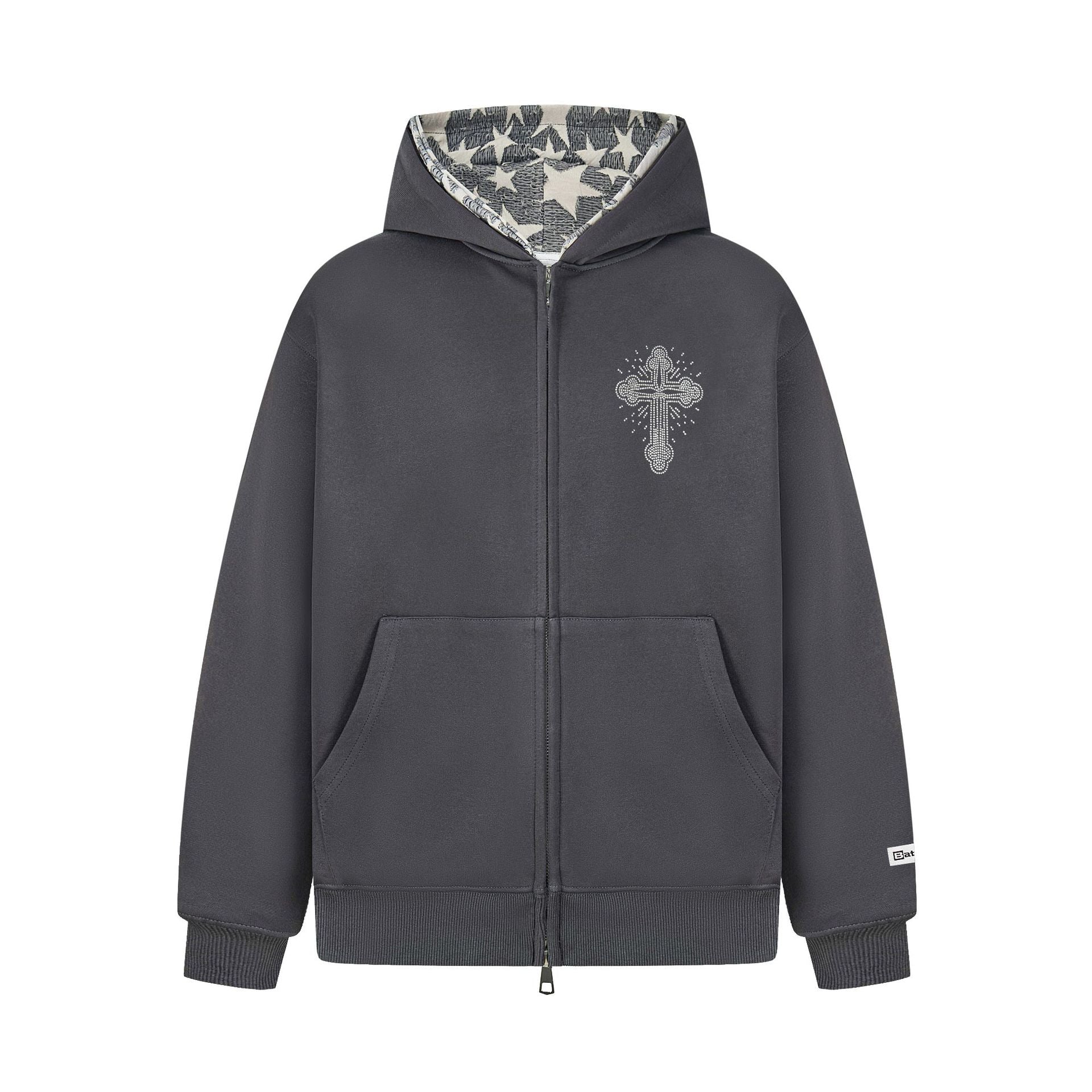 Retro Cross Rhinestone Hoodie dark grey zip hoodie with rhinestone cross on chest star print inner hood kangaroo pockets