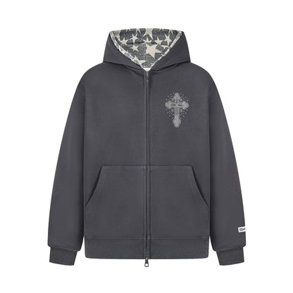 Retro Cross Rhinestone Hoodie dark grey zip hoodie with rhinestone cross on chest star print inner hood kangaroo pockets
