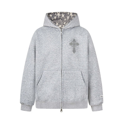 Retro Cross Rhinestone Hoodie grey zip up with rhinestone cross star print hood lining kangaroo pockets